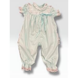 Vintage Baby Girl Frilly Lace Romper Mint Toddle Tyke 9M